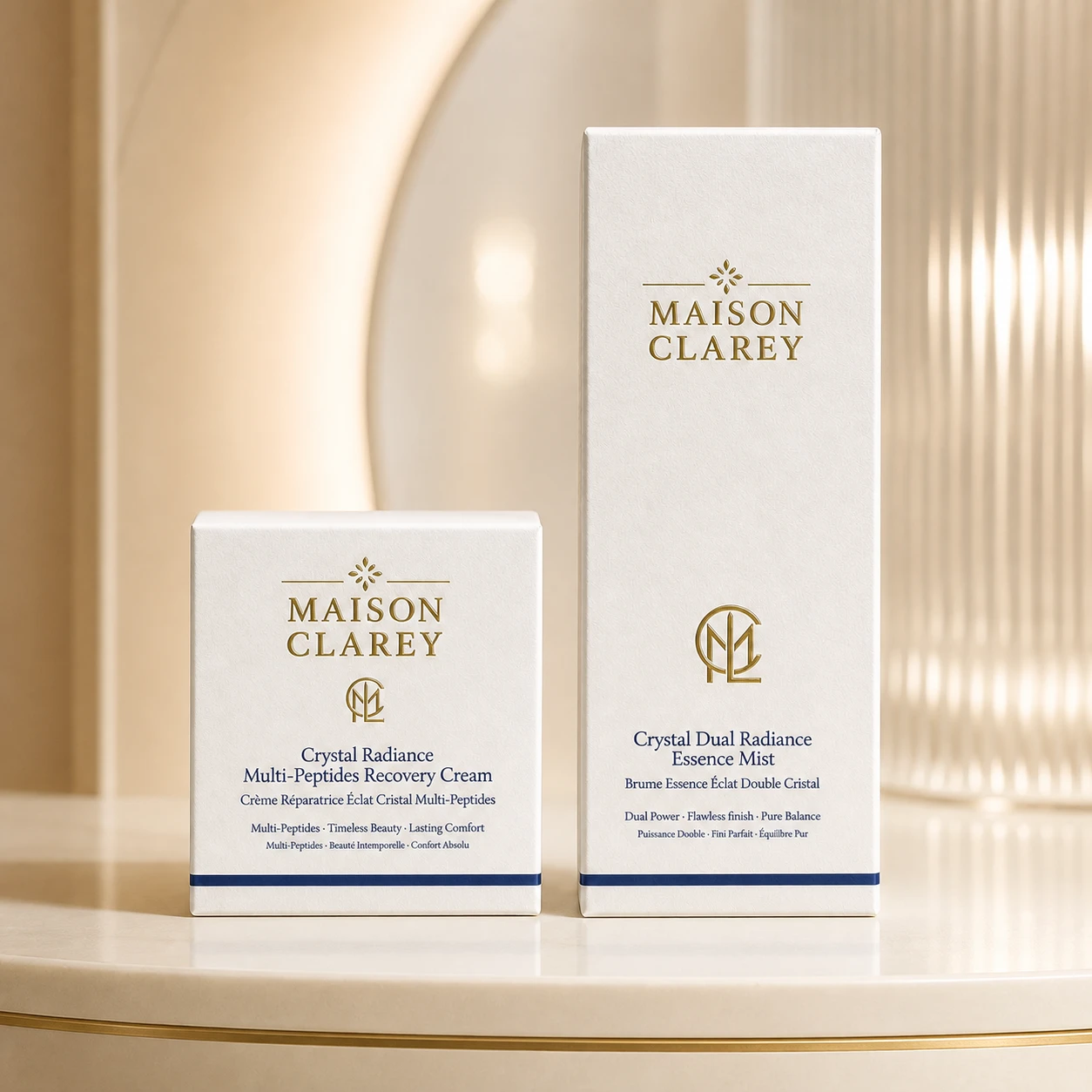 Maison Clarey Crystal Radiance recovery cream and essence mist boxes in a luxury boutique setting